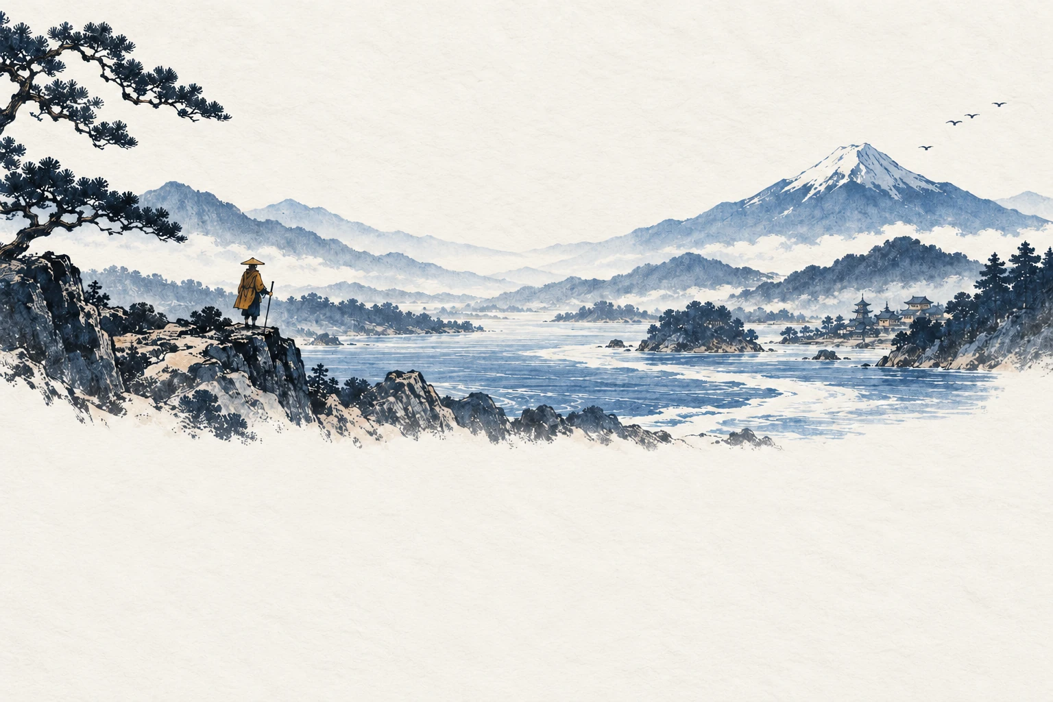 Indigo ink mountains and a lake, with a traveler beneath a pine tree on warm Japanese paper
